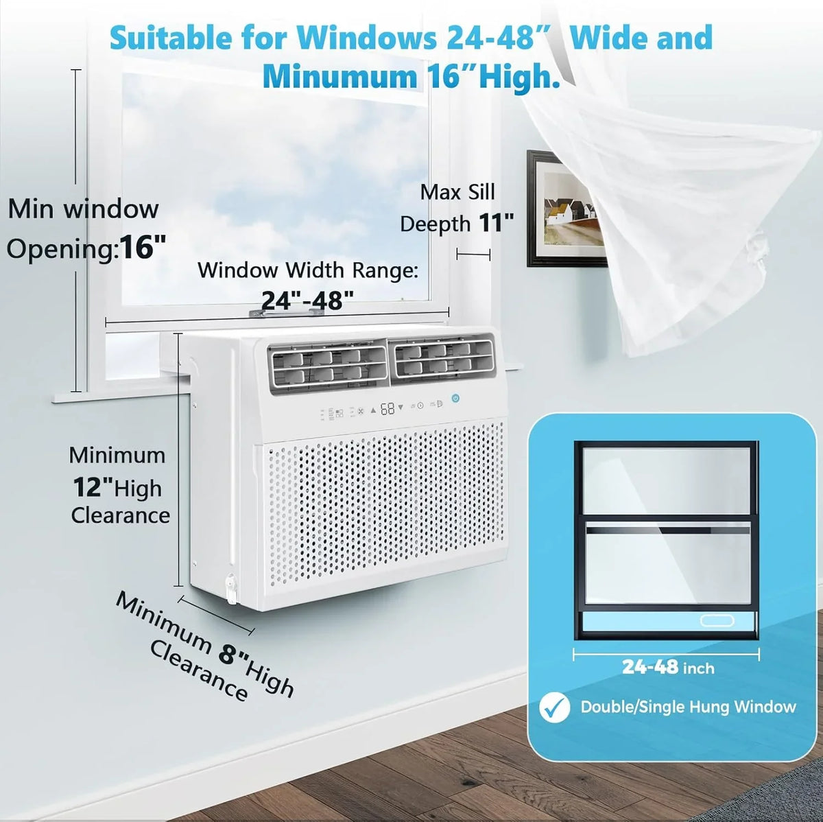 Quiet Window Air Conditioner 6000/10,000/1,2000 BTU, Window AC Unit Cooling Room 450sq.ft
